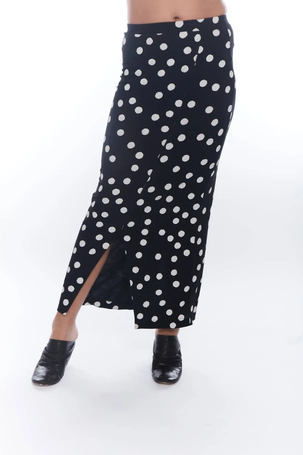 Jane Polka Dot Slit Maxi Skirt In Black Mini Dots