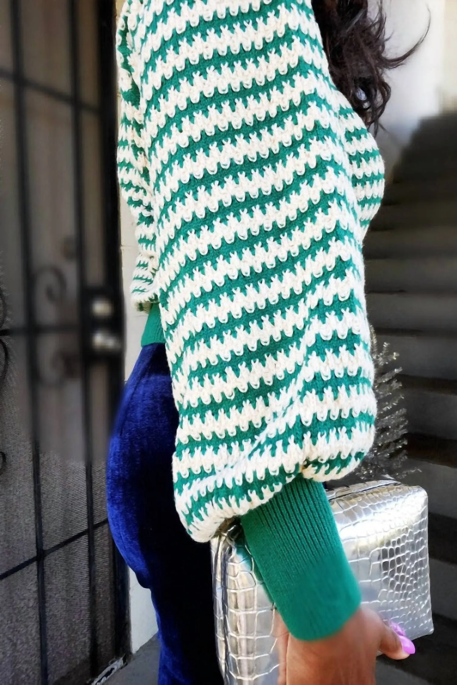 Kate Green Stripe Lantern Sleeve Sweater