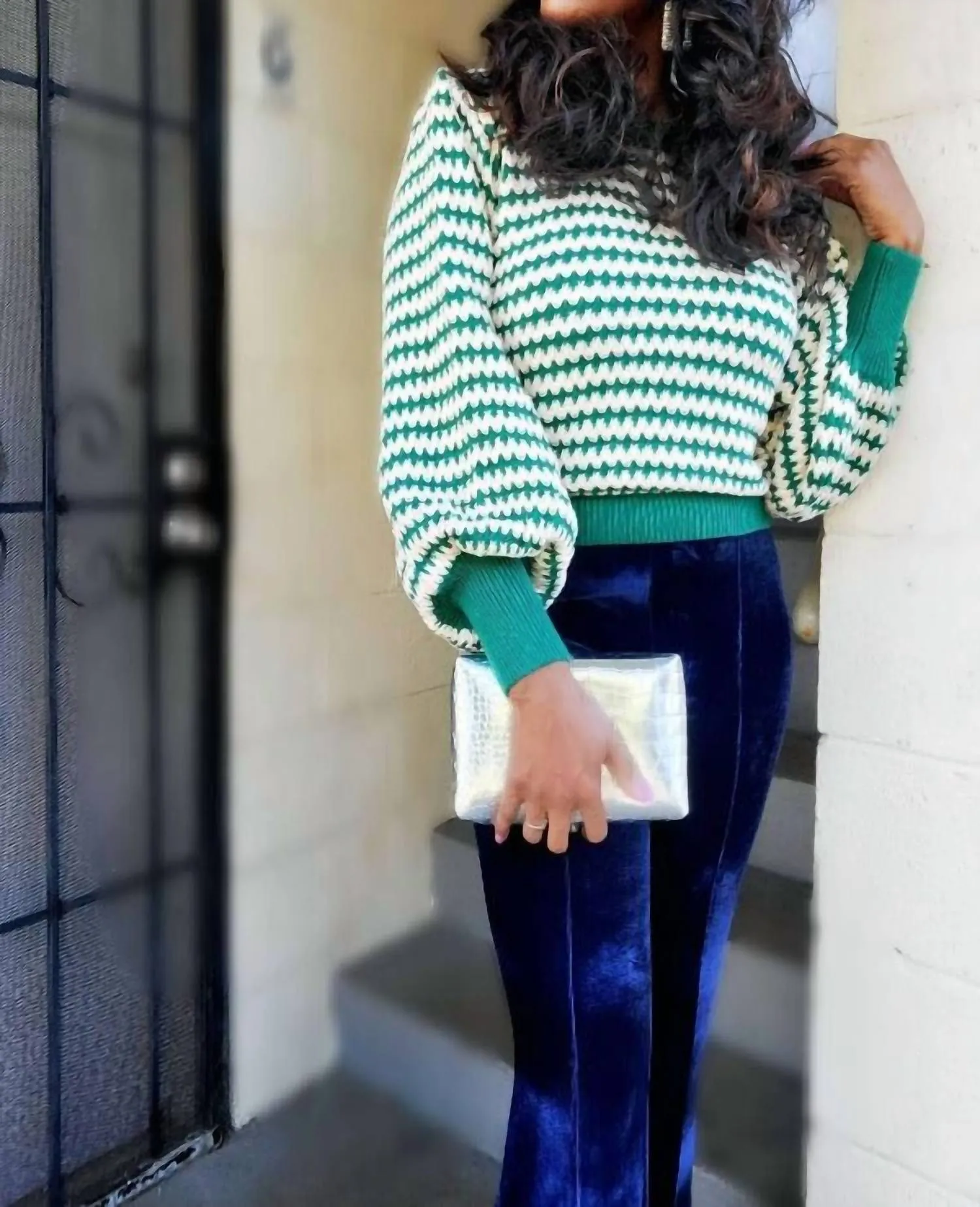 Kate Green Stripe Lantern Sleeve Sweater