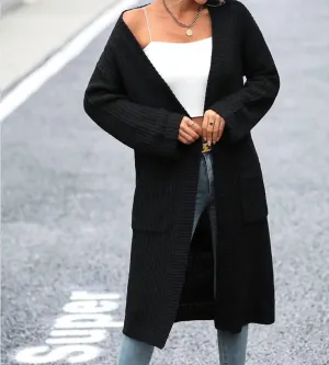 Knit Long Open Cardigan In Black