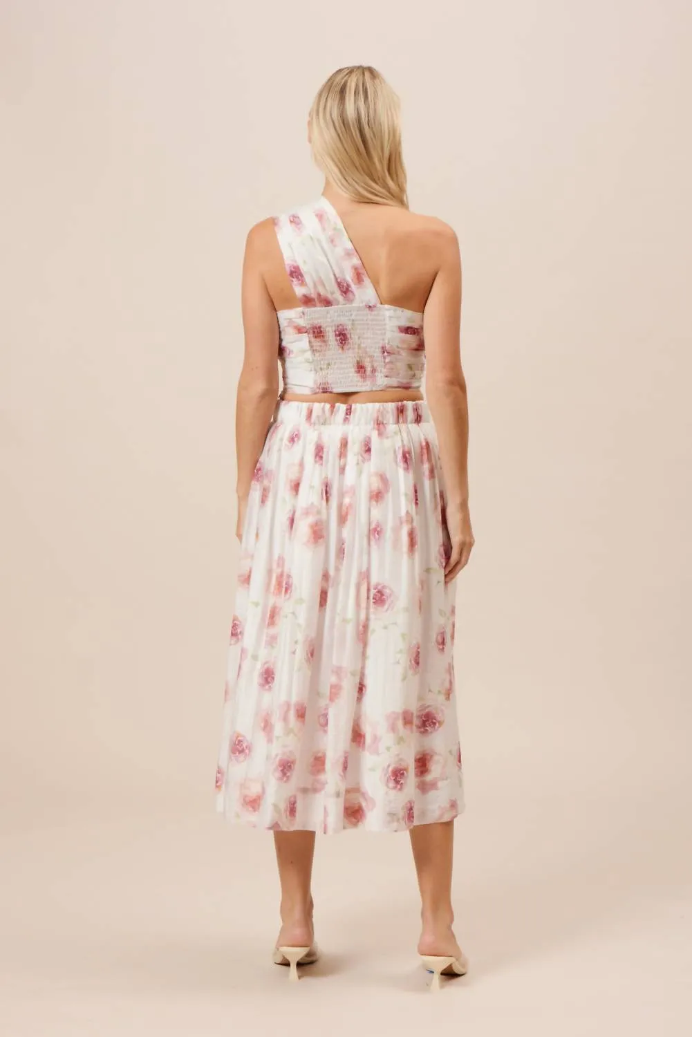 La Jolla Pleated Floral Skirt In White/ Pink