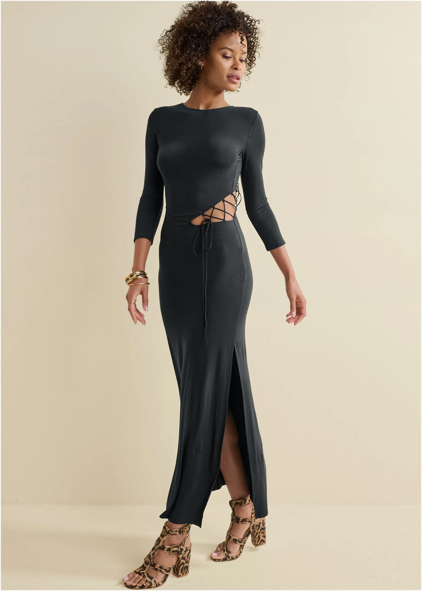 Lace-Up Cutout Maxi Dress? - Black