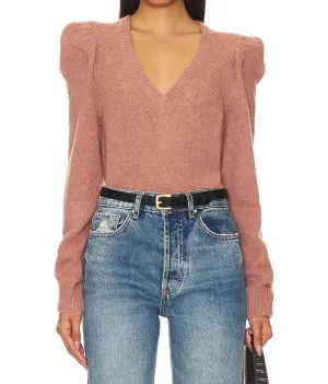 Lara Puff Shoulder V-Neck Sweater In Flush Pink