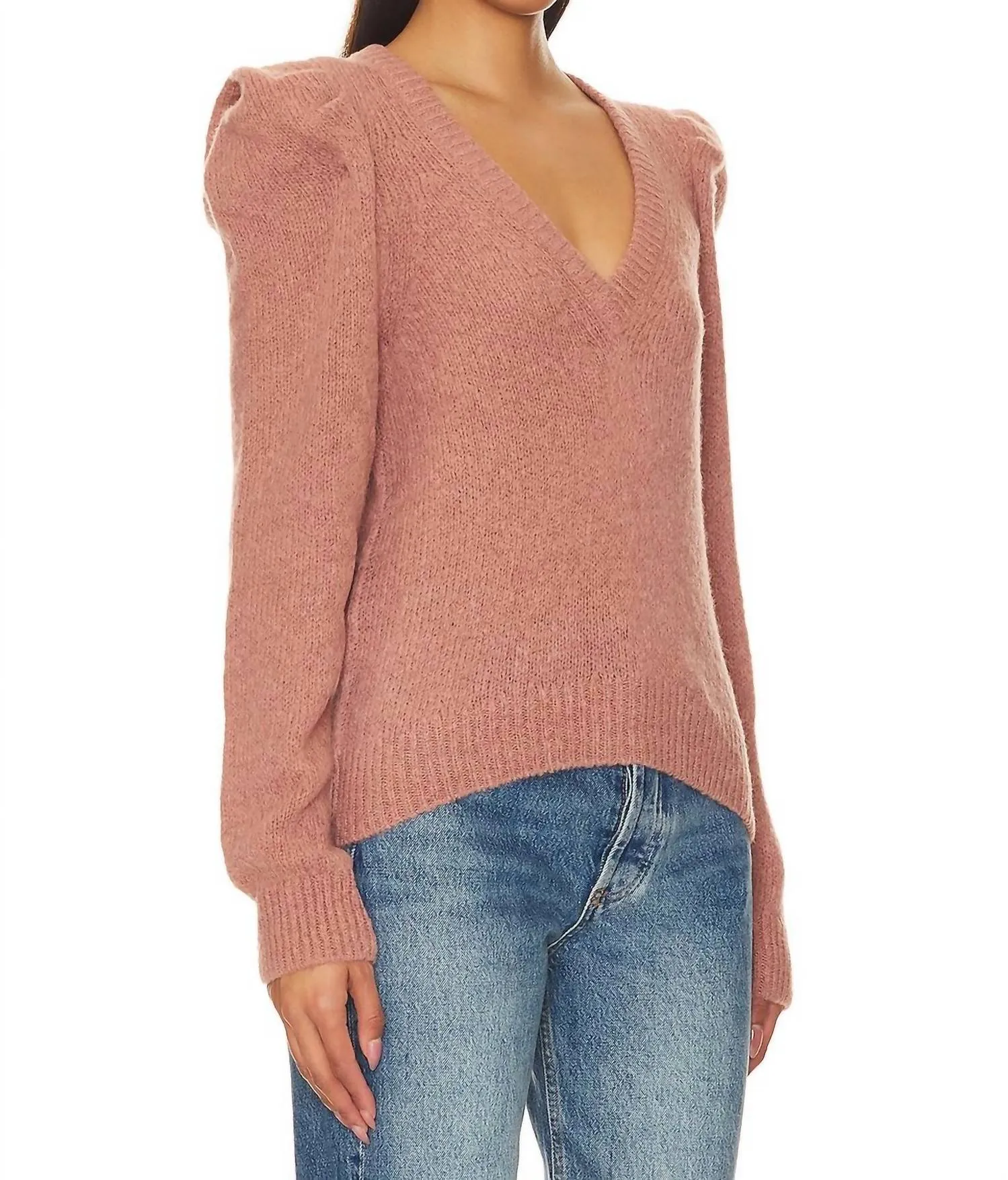 Lara Puff Shoulder V-Neck Sweater In Flush Pink