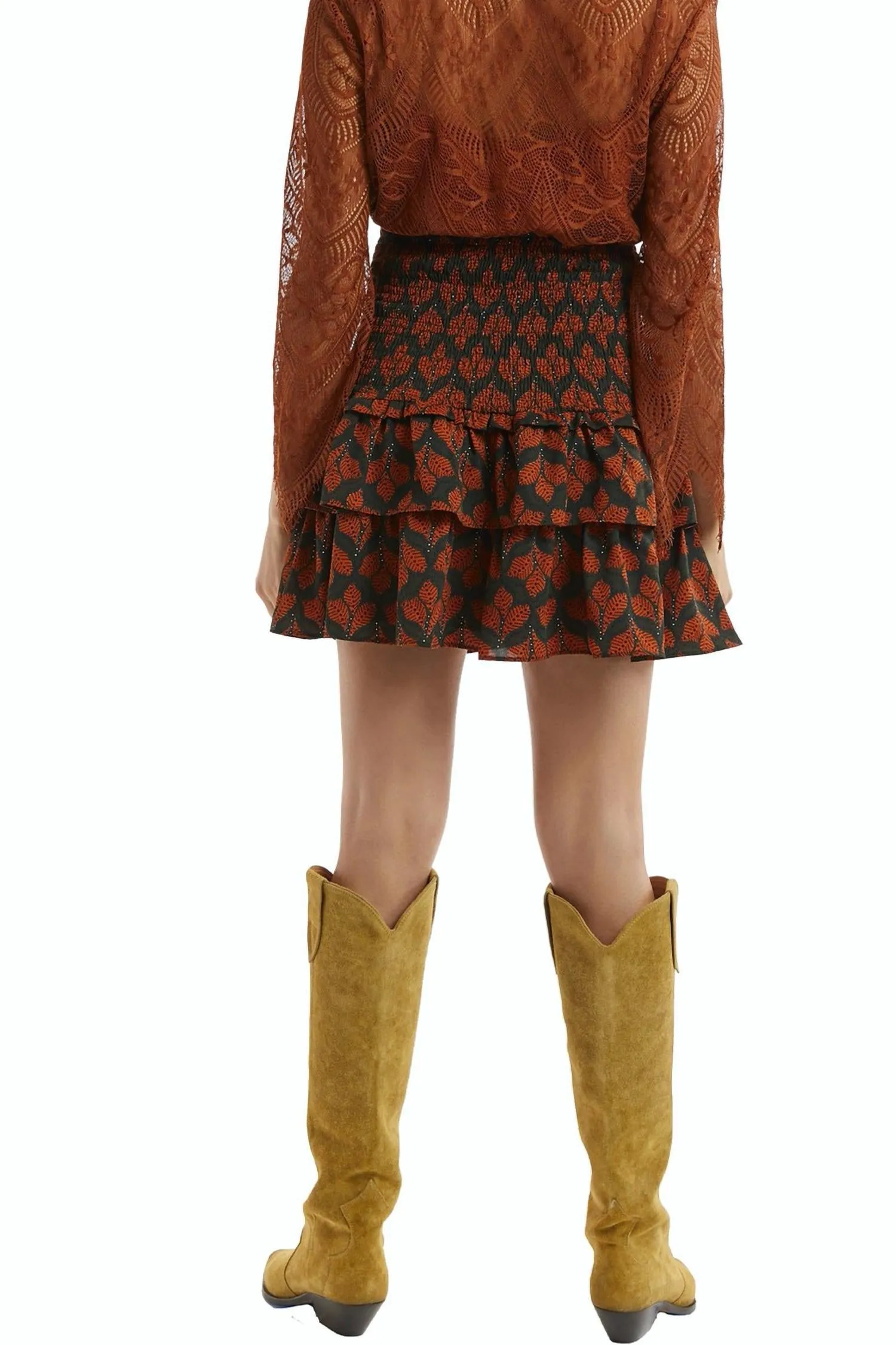 Leaf Print Smocked Mini Skirt In Rust And Green