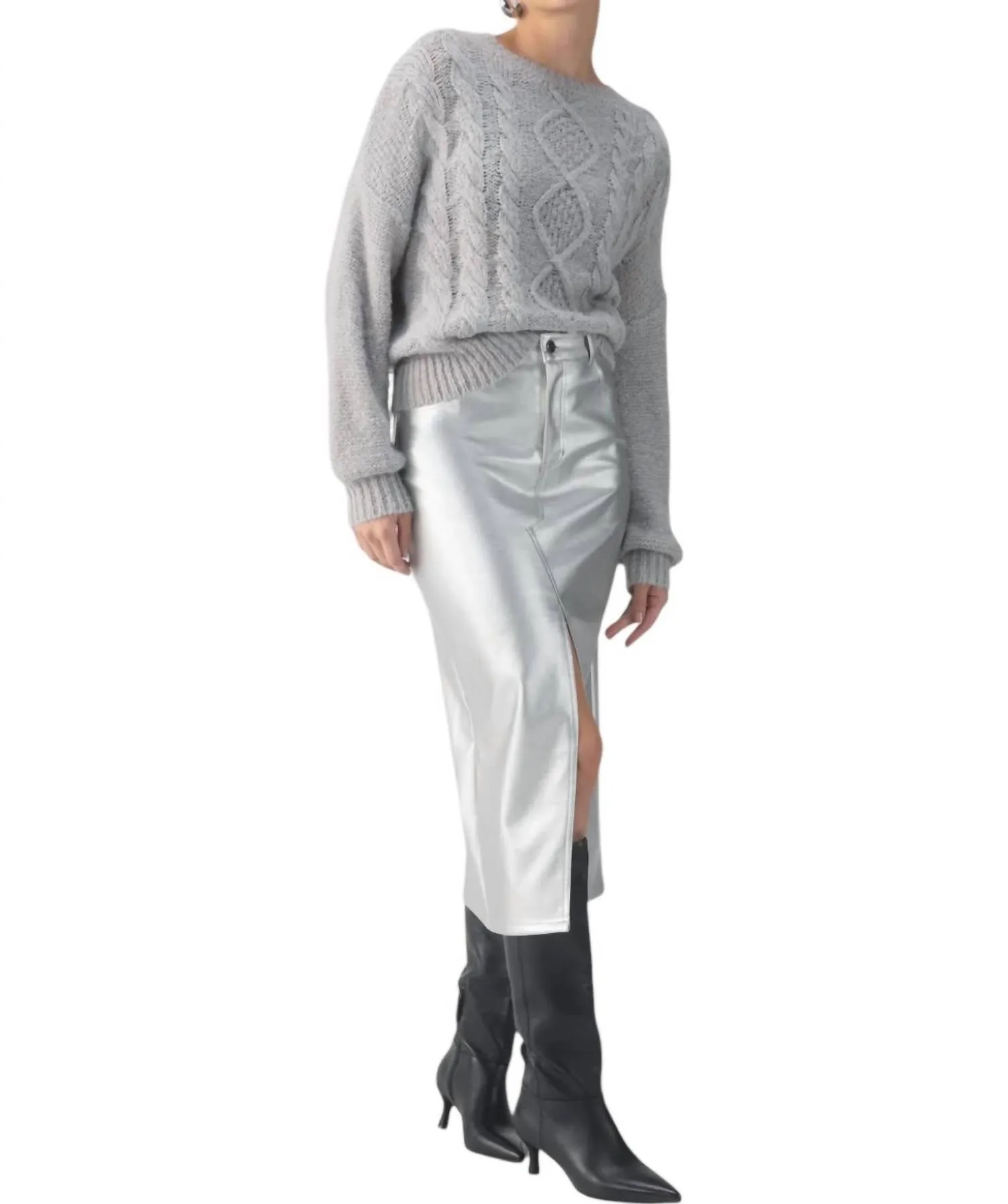 Leather Like Midi Skirt In Silver