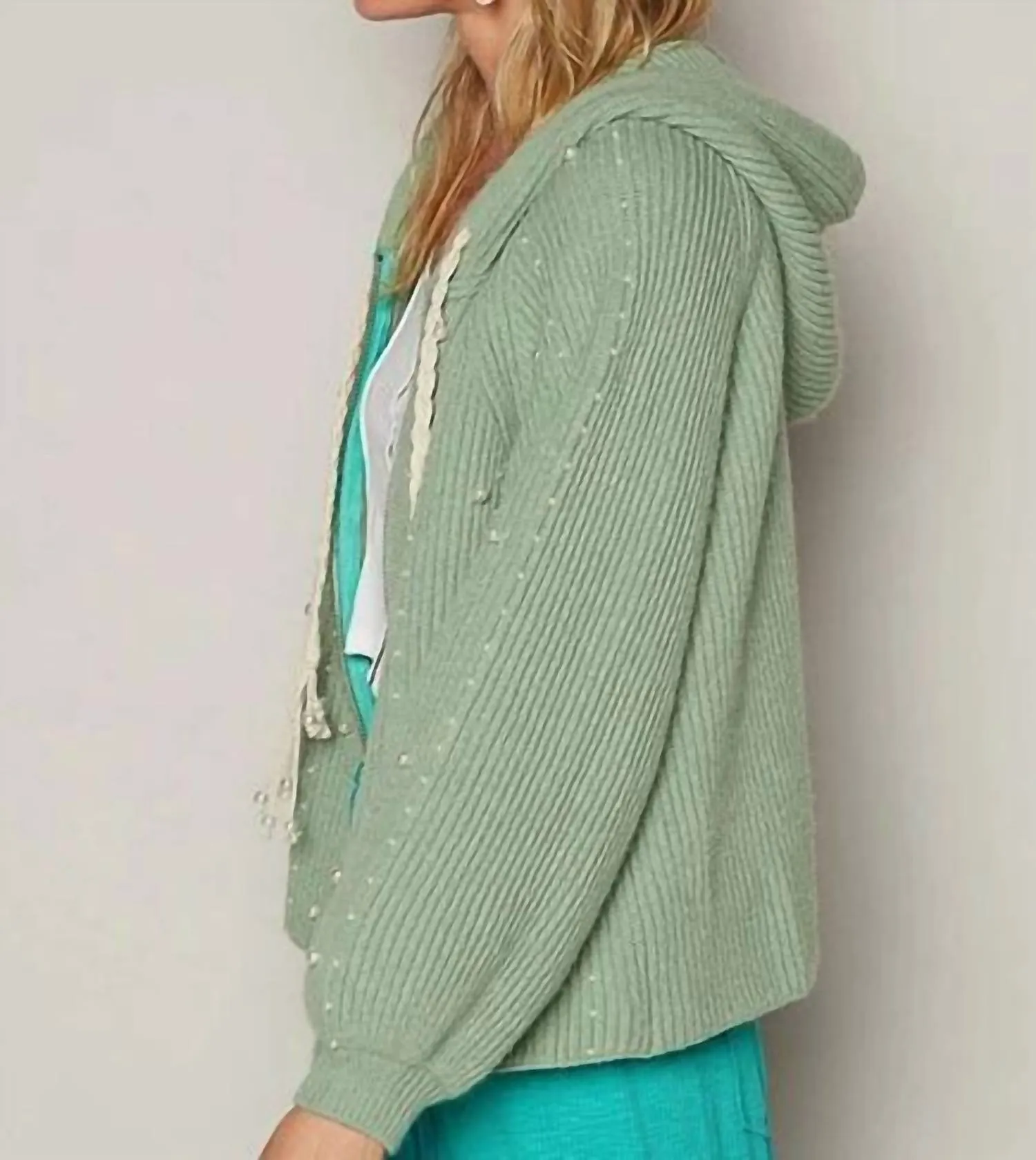 Lennox Pearl Zip Up Sweater In Baby Herb