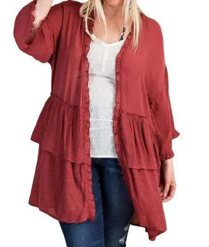 Light Semi Sheer Ruffle Cardigan In Red Velvet