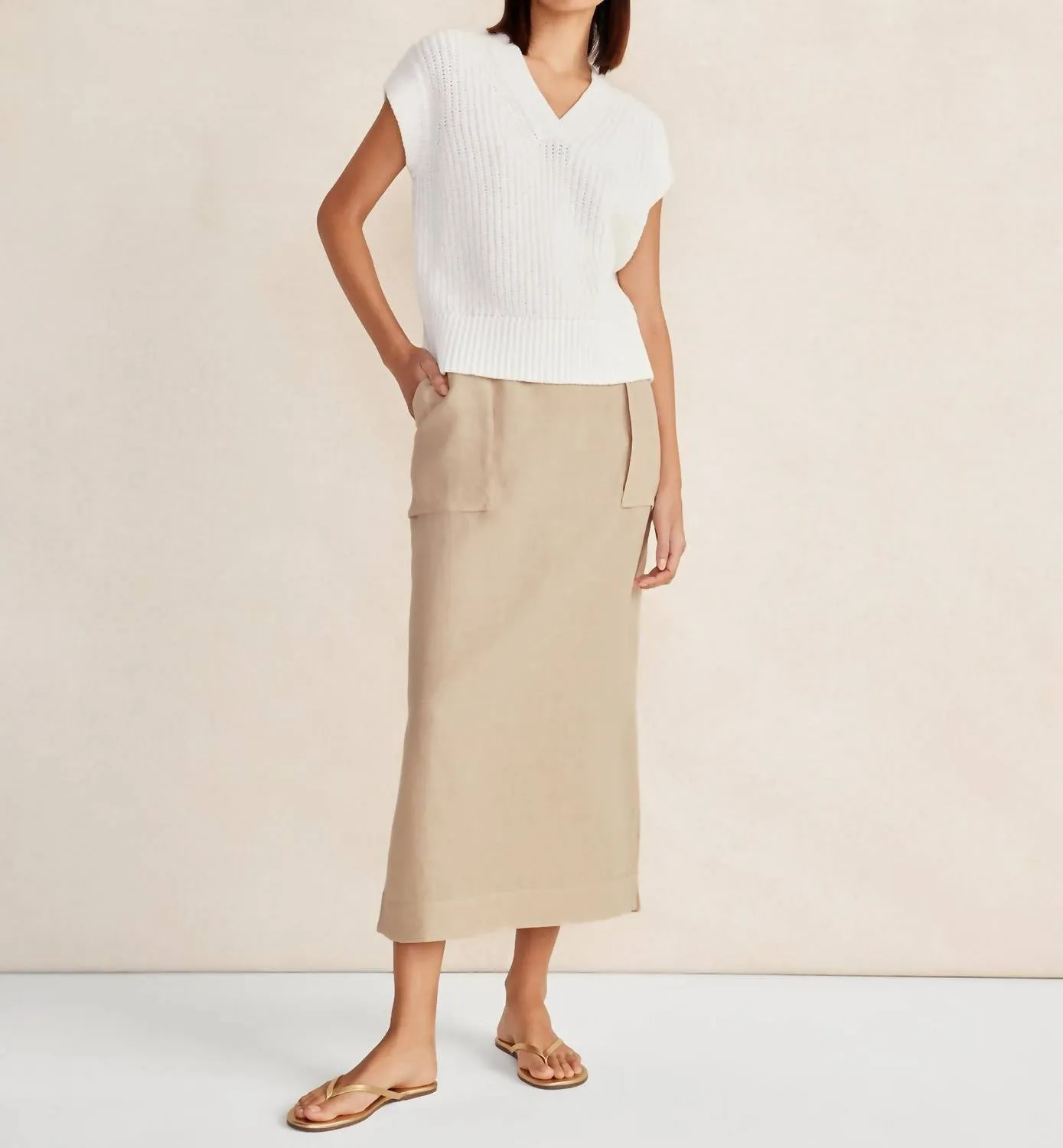 Linen Cargo Skirt In Latte Beige