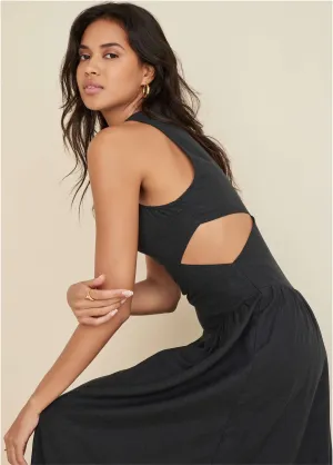 Linen Cutout Maxi Dress - Black