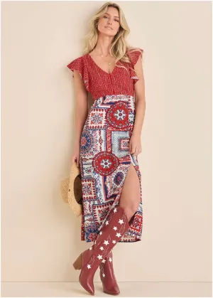 Linen V-Neck Maxi Dress - Heritage Bandana Medley