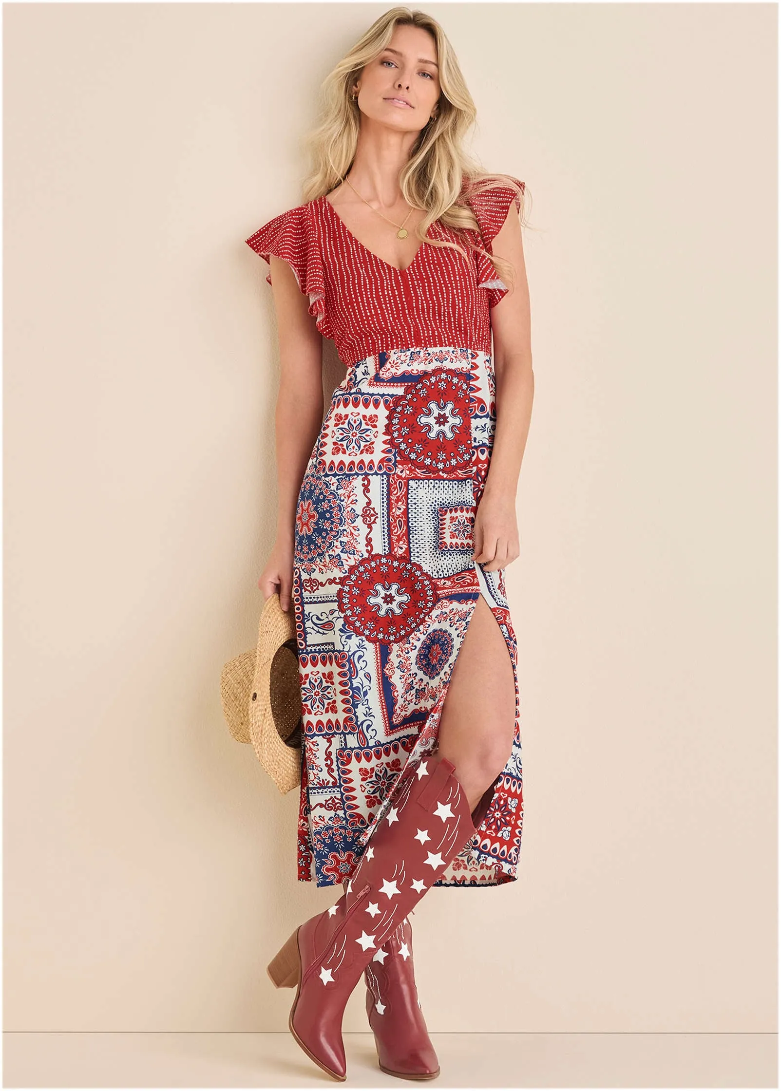 Linen V-Neck Maxi Dress - Heritage Bandana Medley