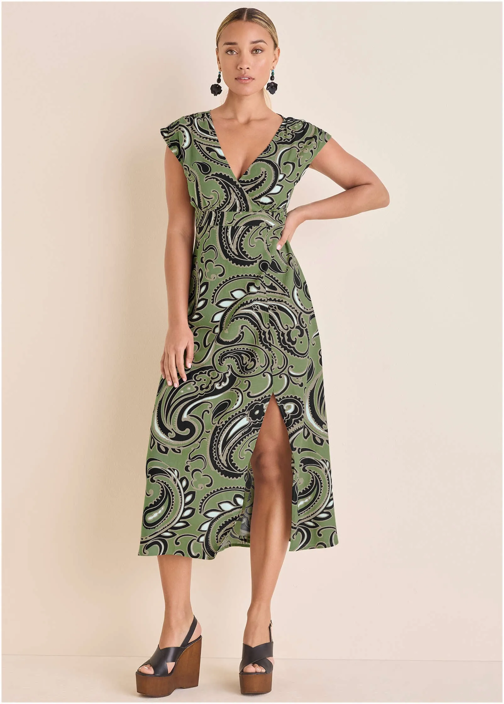 Linen V-Neck Maxi Dress - Large Splendid Paisley