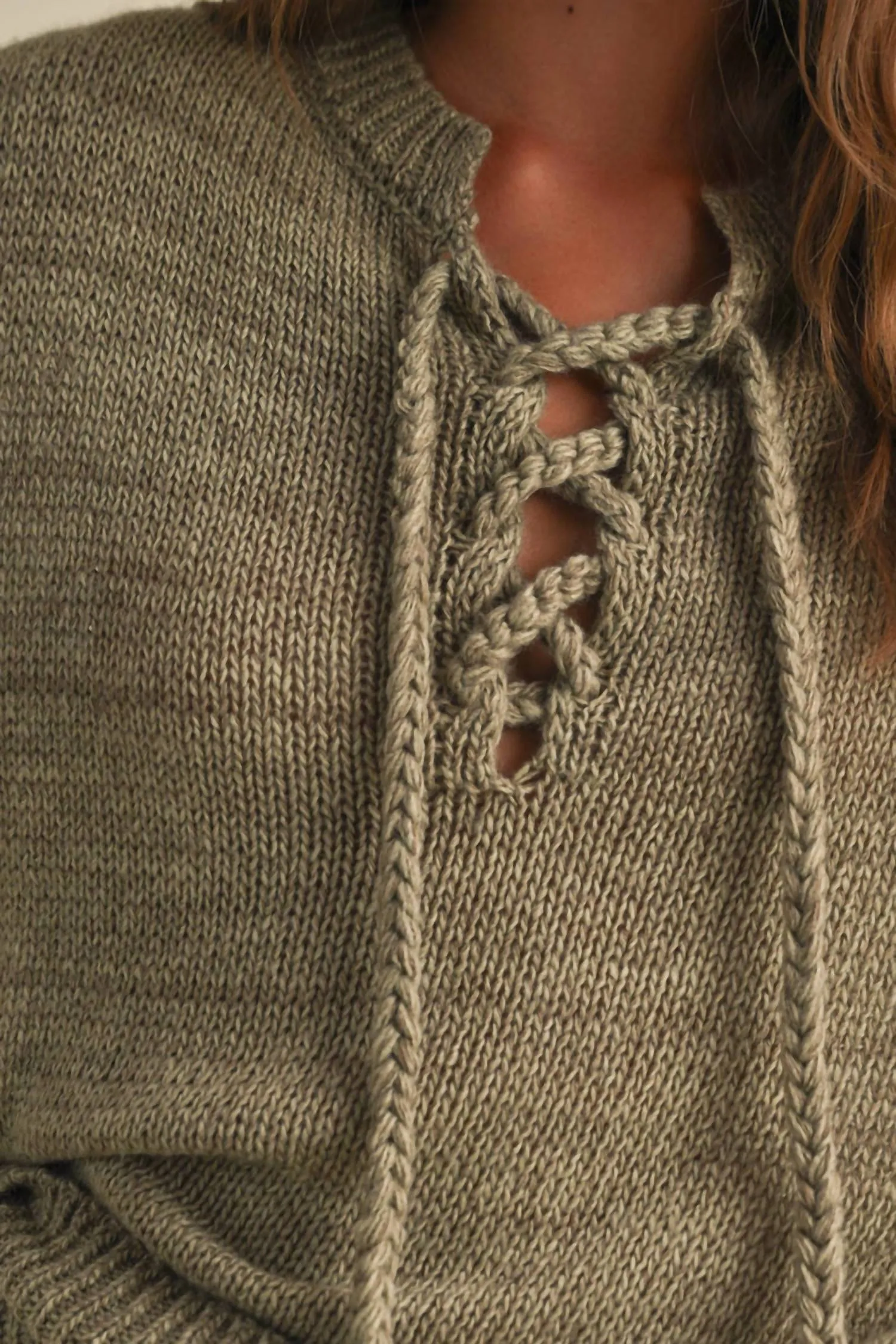 Lucy Lace Up Sweater In Olive