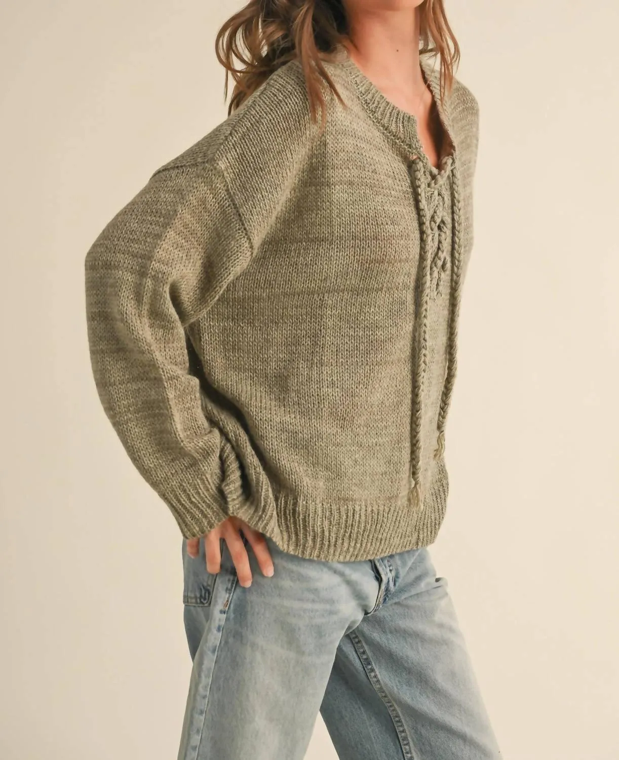Lucy Lace Up Sweater In Olive