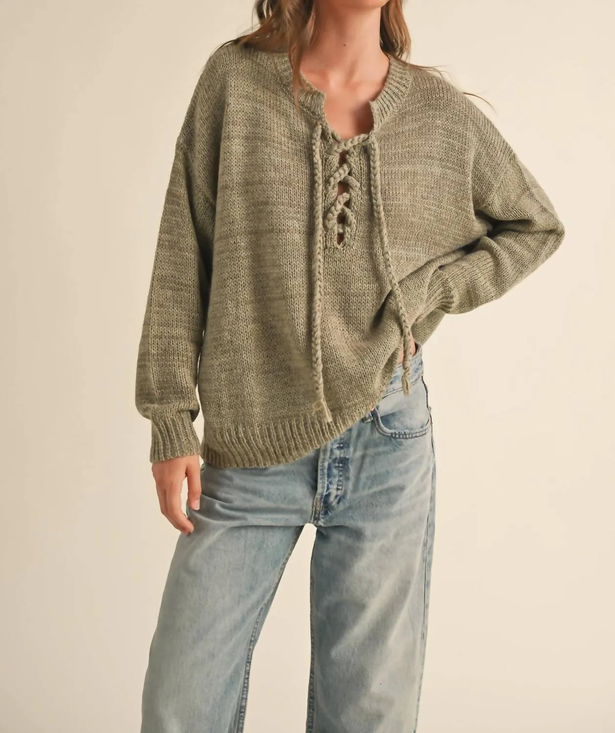 Lucy Lace Up Sweater In Olive