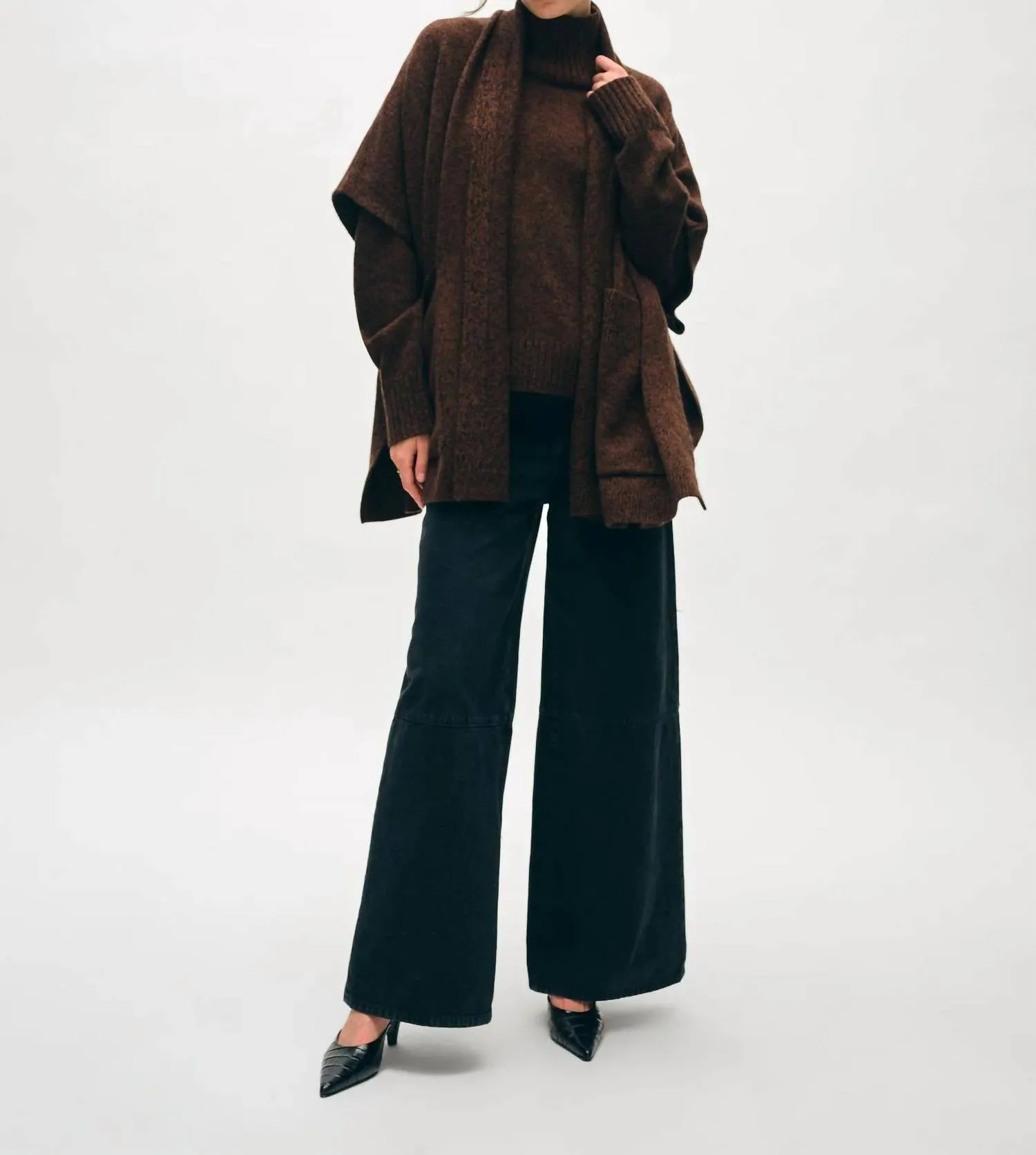 Merino Cashmere Open Poncho In Umber/black Marl