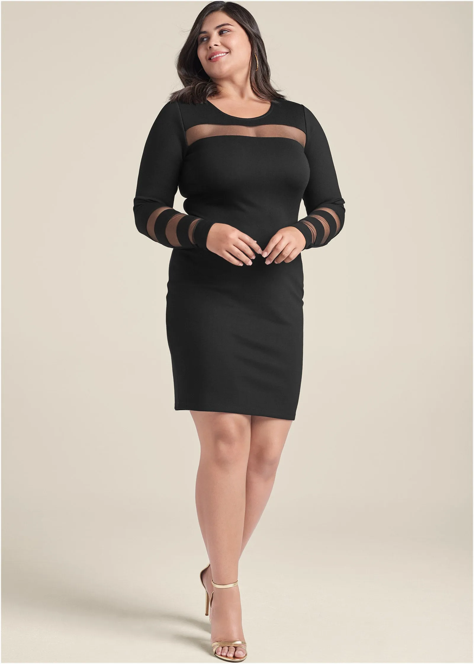 Mesh Detail Bodycon Dress - Black