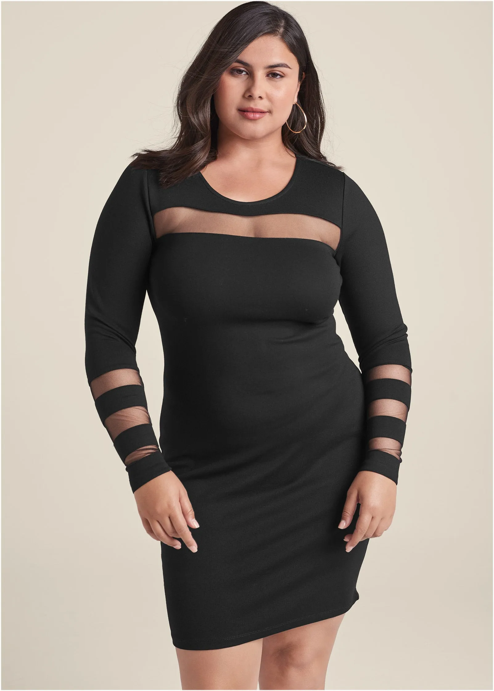 Mesh Detail Bodycon Dress - Black