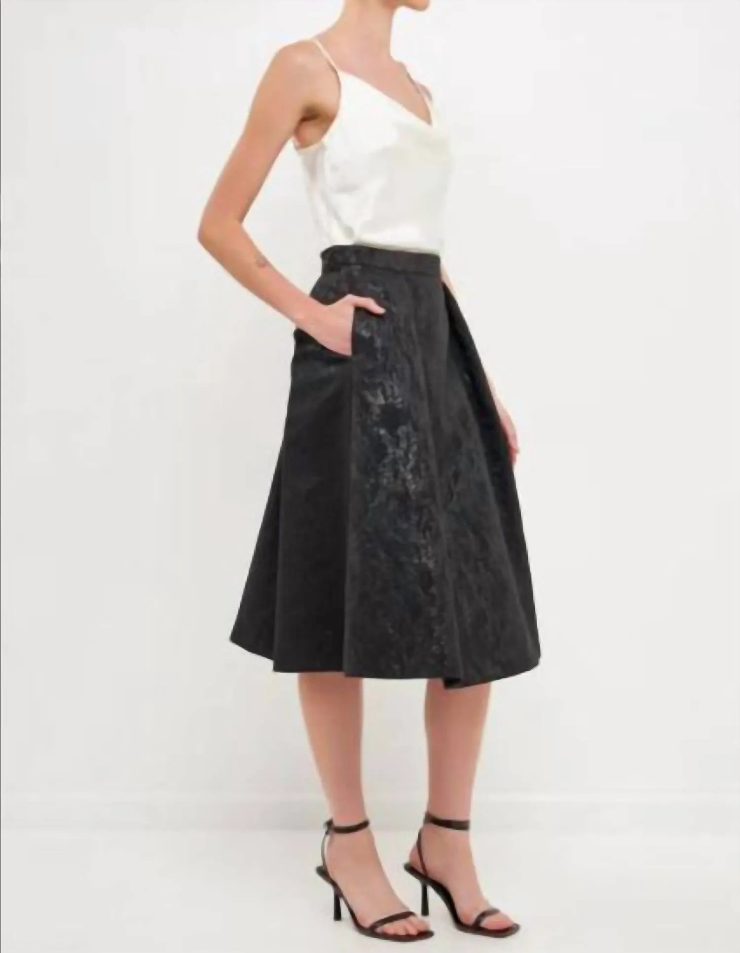 Metallic Jacquard Flare Midi Skirt In Black