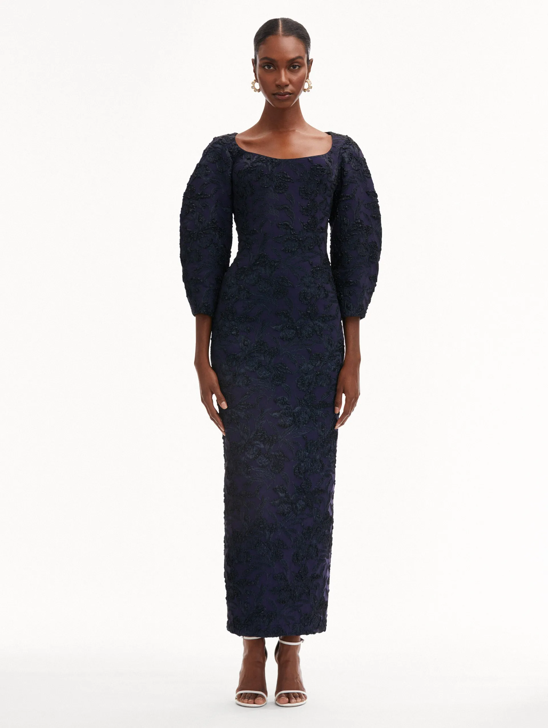 Metallic Orchid Jacquard Column Gown
