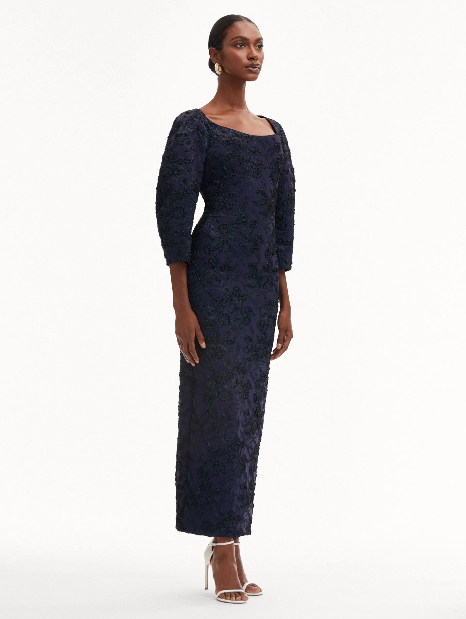 Metallic Orchid Jacquard Column Gown