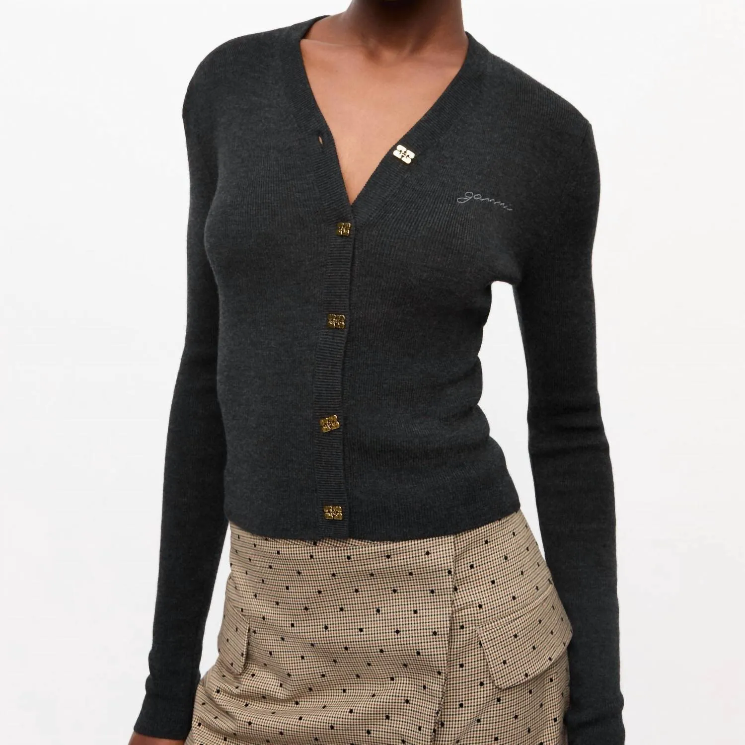 Mini Ribbed Merino Cardigan In Phantom