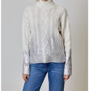 Mock Neck Foil Sweater In White & Silver