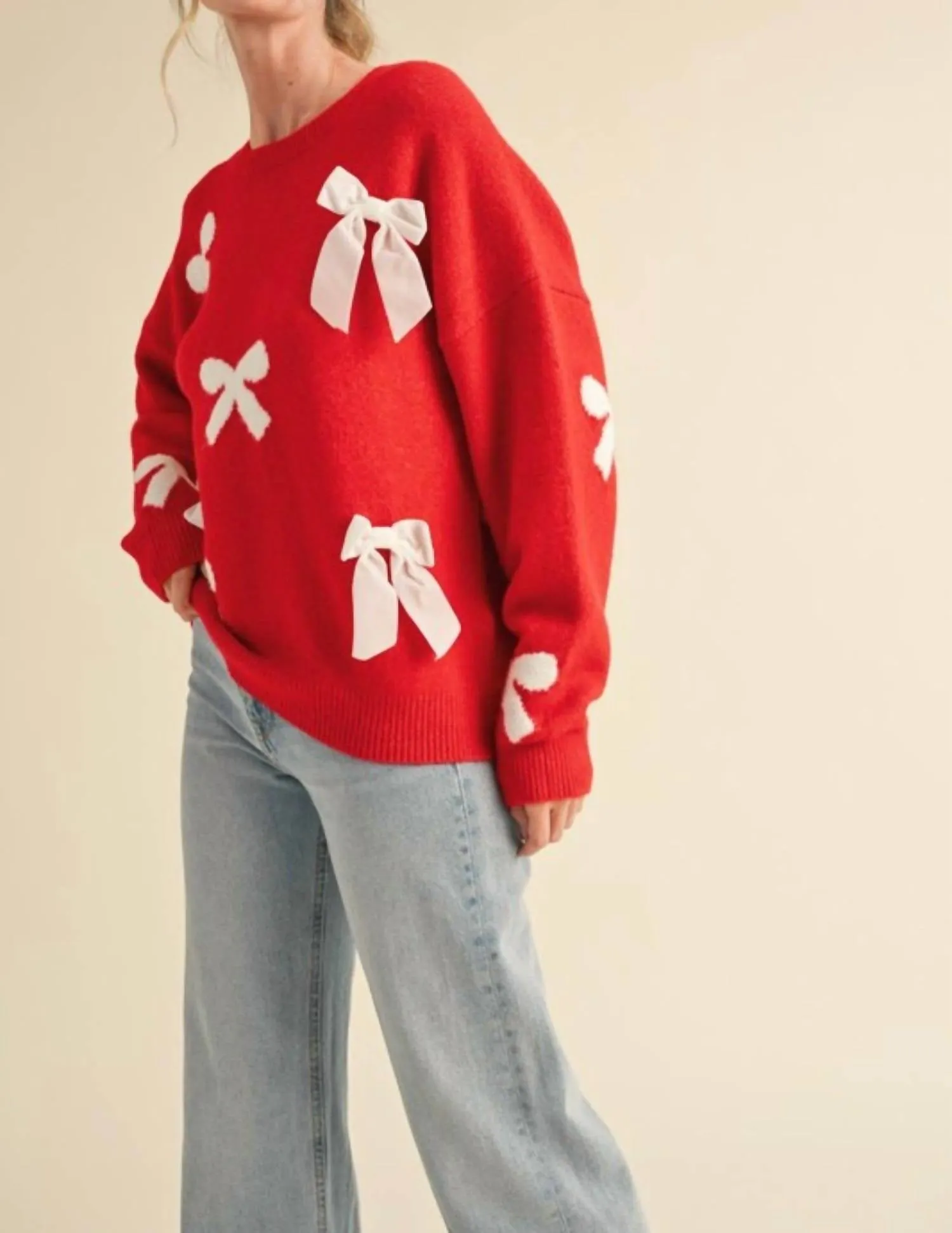 Nora Velvet Bow Pattern Sweater In Red With Ivory