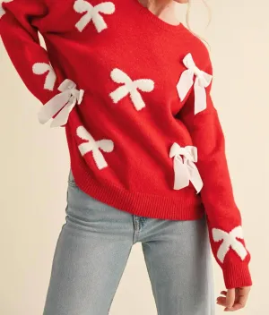 Nora Velvet Bow Pattern Sweater In Red With Ivory