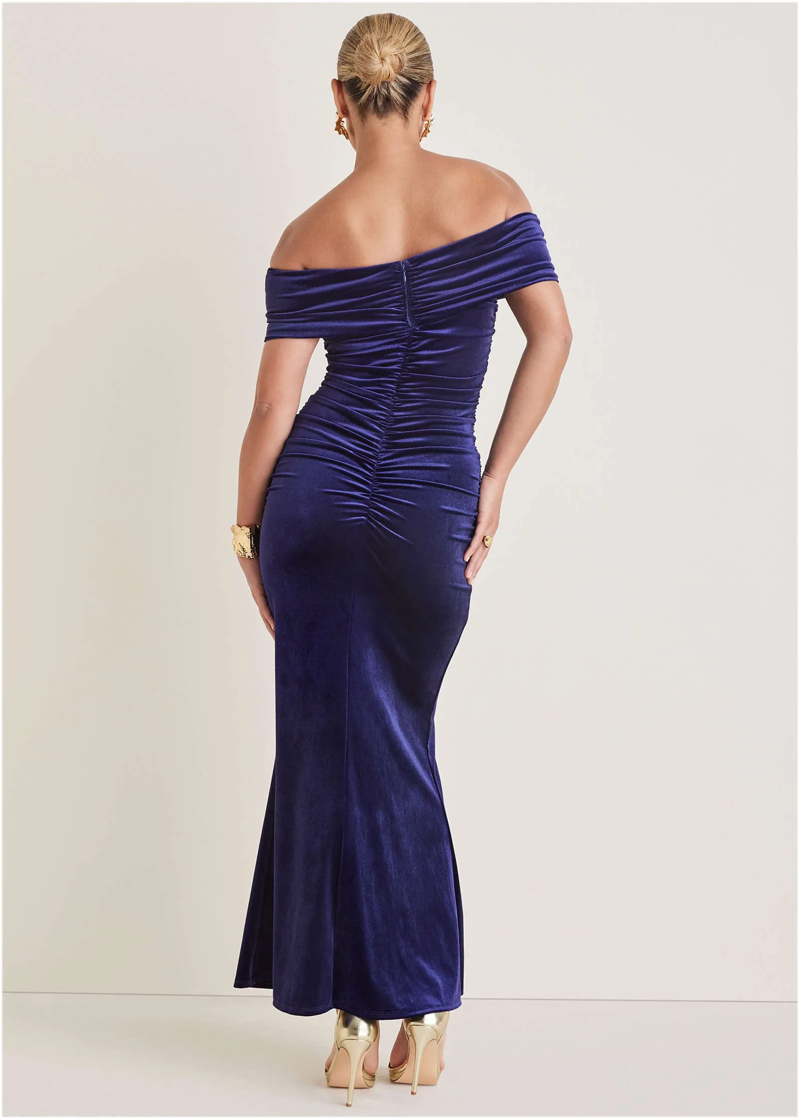 Off-Shoulder Velvet Maxi - Deep Blue