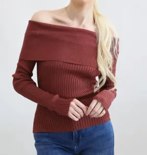 Off The Shoulder Fitted Sweater In Burgundy