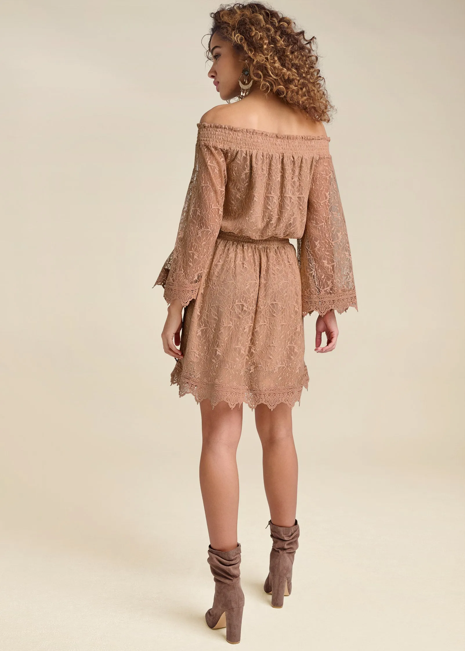Off-The-Shoulder Lace Dress   - Camel