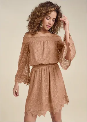Off-The-Shoulder Lace Dress   - Camel