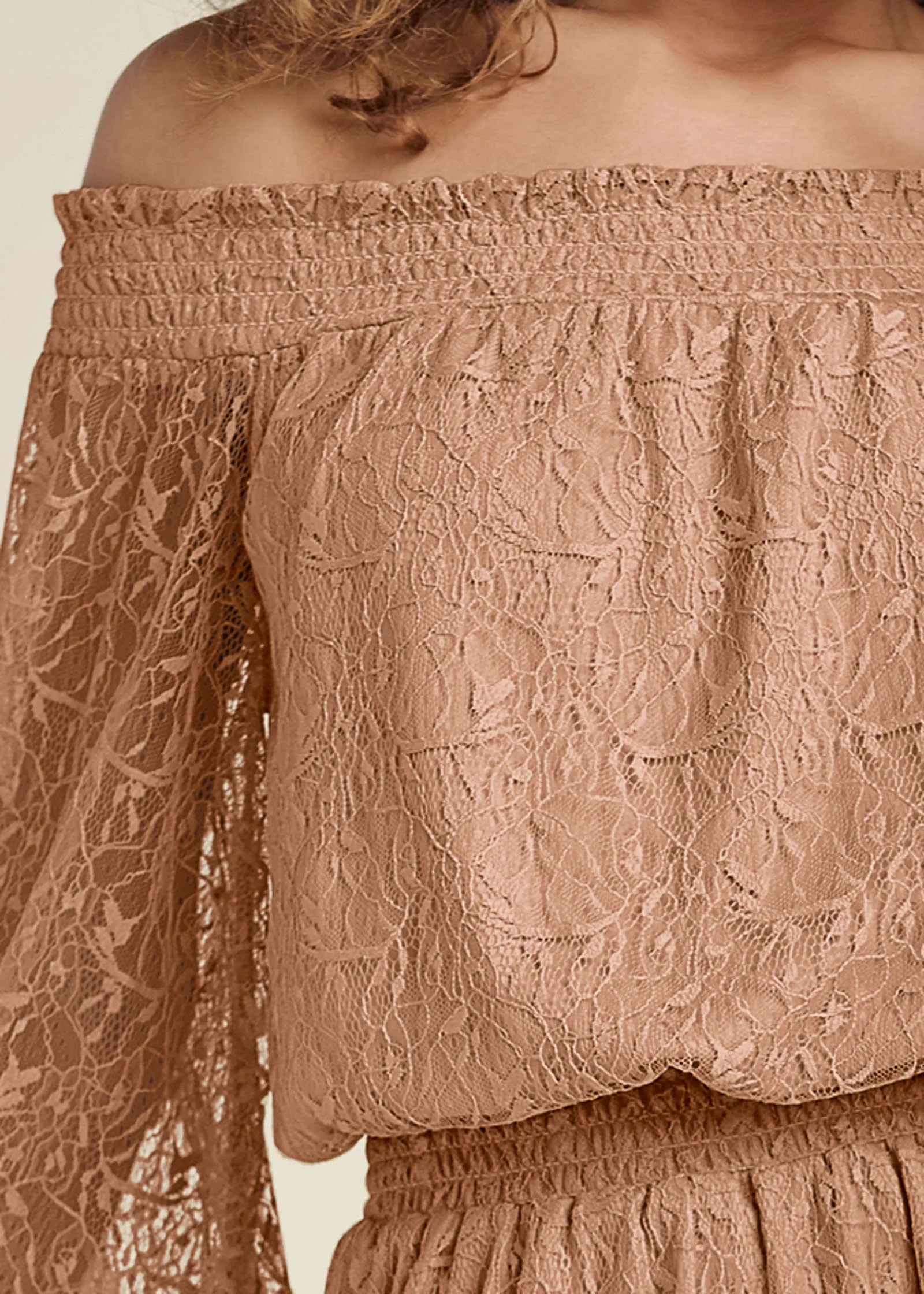 Off-The-Shoulder Lace Dress   - Camel