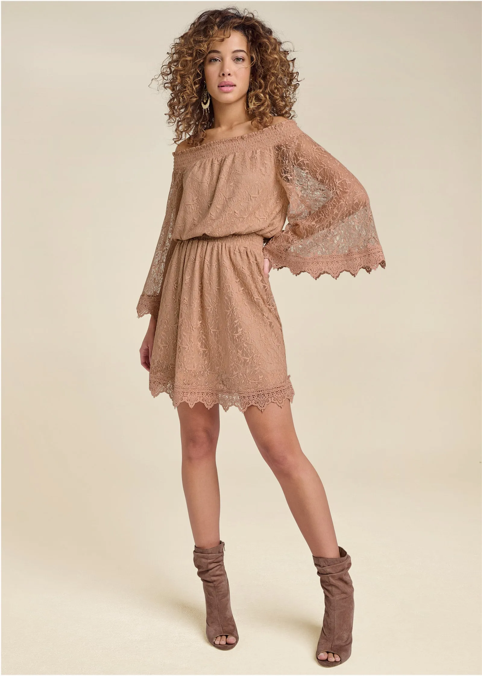 Off-The-Shoulder Lace Dress   - Camel