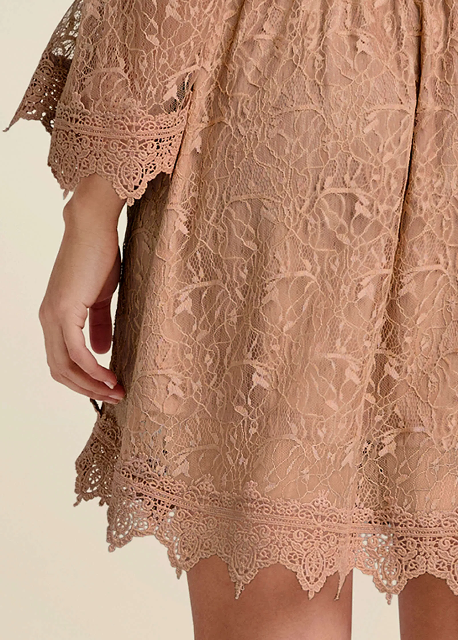 Off-The-Shoulder Lace Dress   - Camel