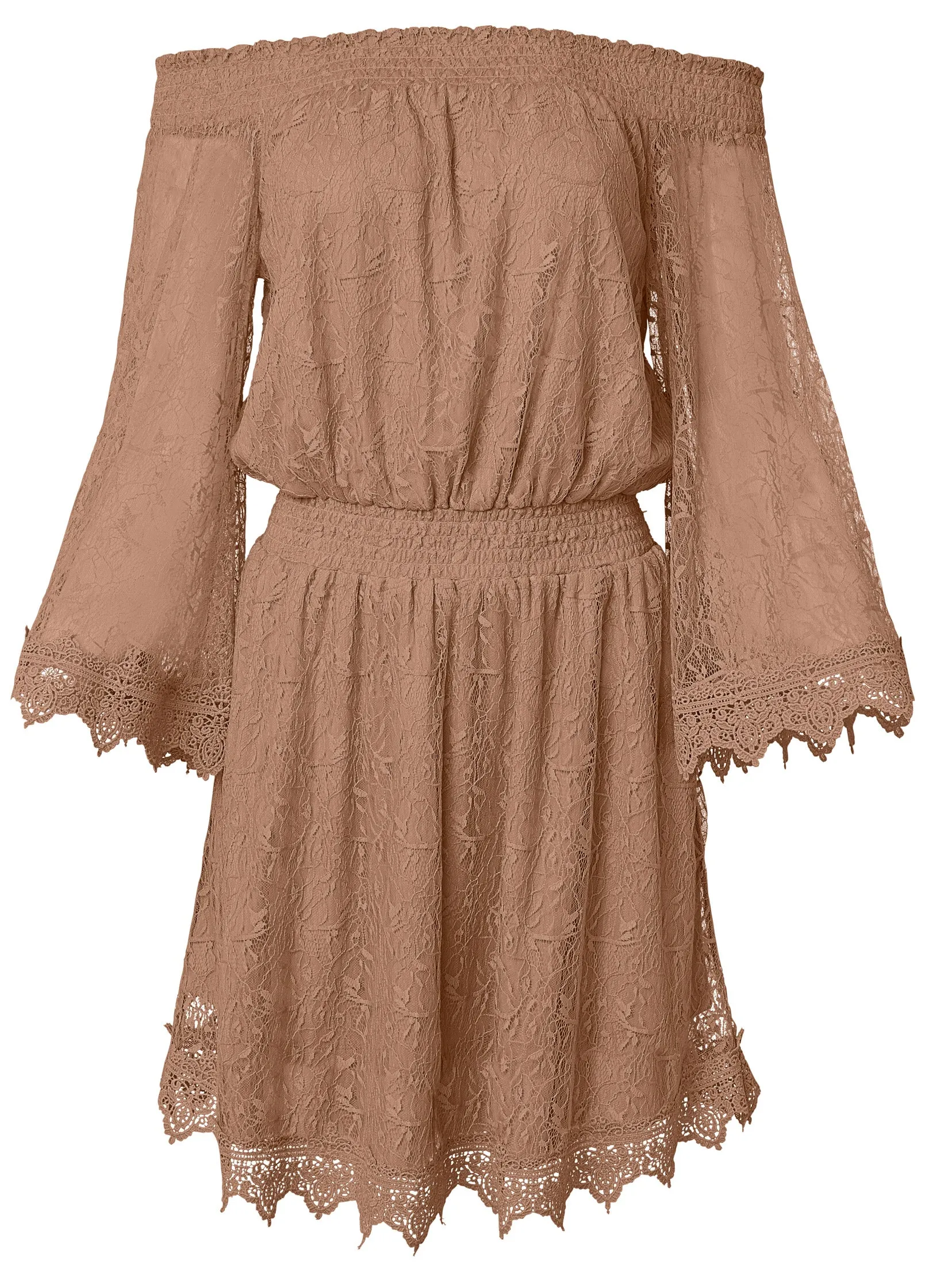 Off-The-Shoulder Lace Dress   - Camel