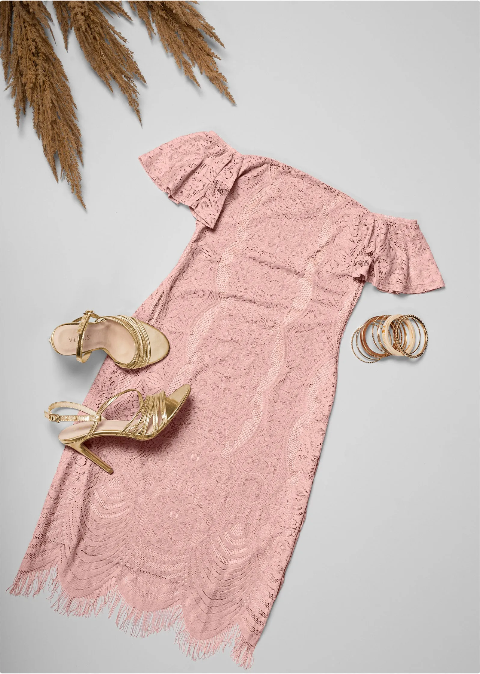 Off-The-Shoulder Lace Dress - Peach