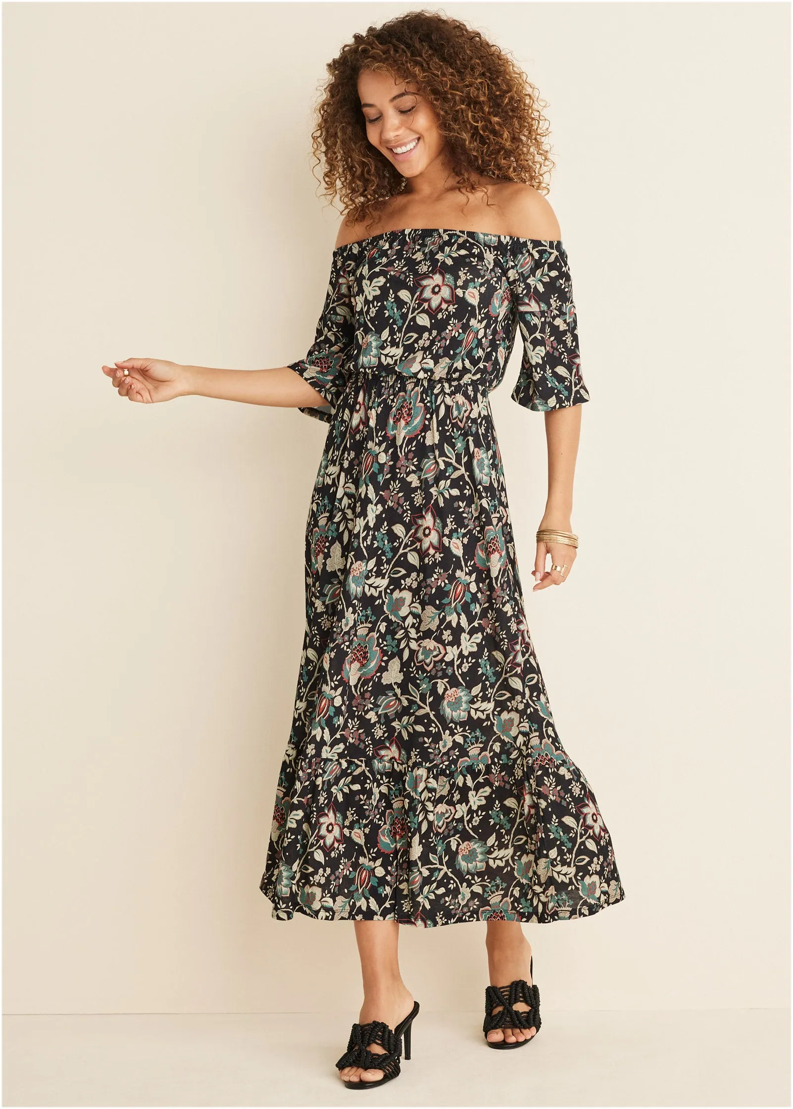Off-The-Shoulder Maxi Dress - Black Floral