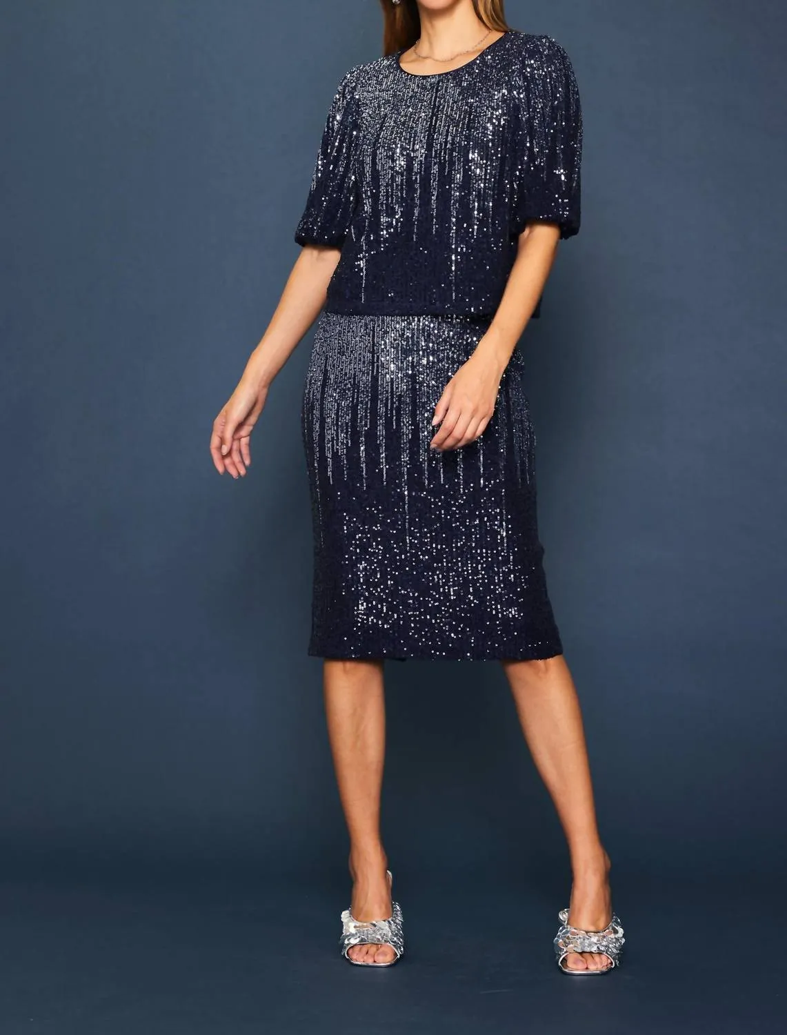 Ombre Sequin Pencil Skirt In Navy