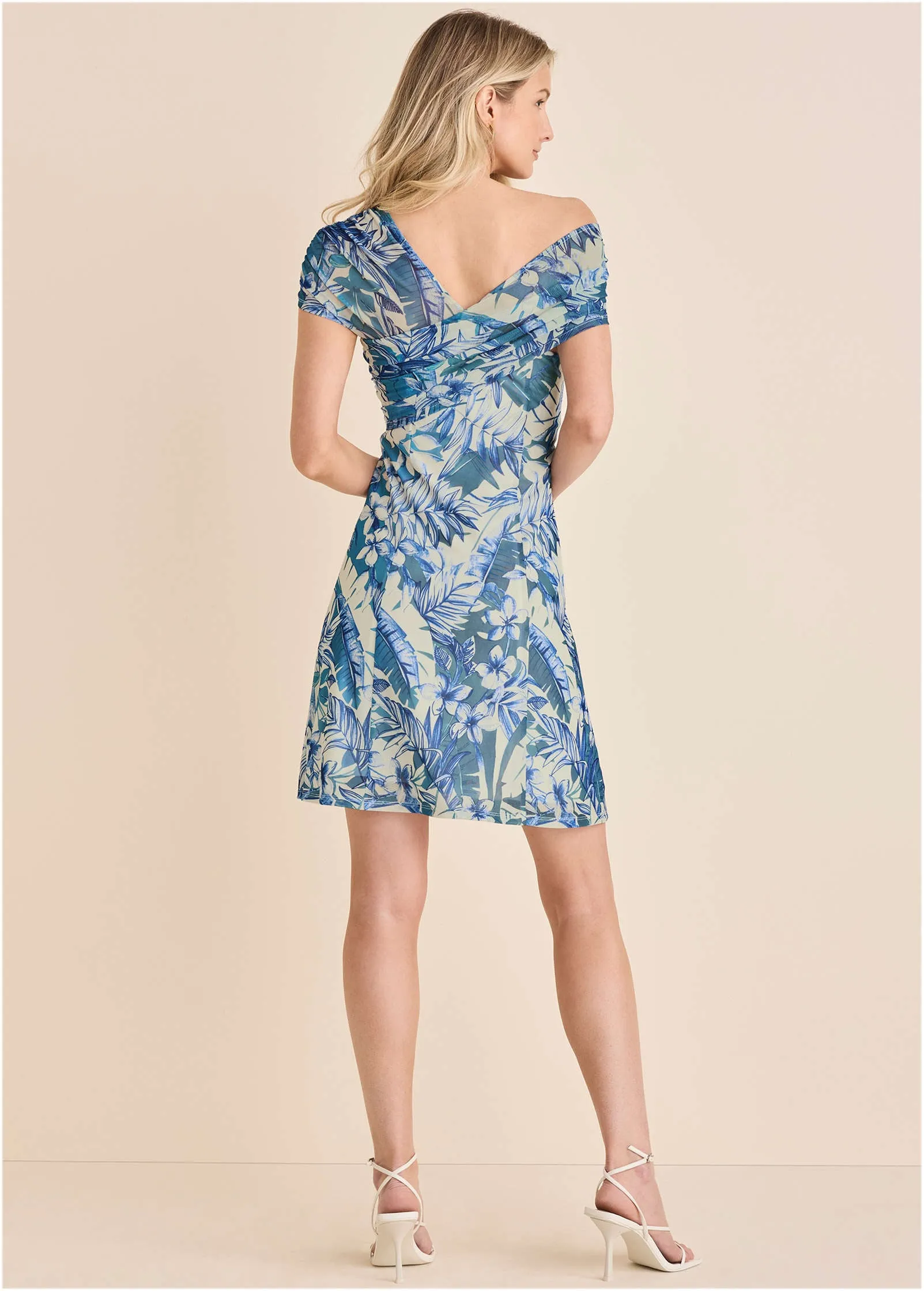 One Shoulder Mesh Mini - Denim Floral