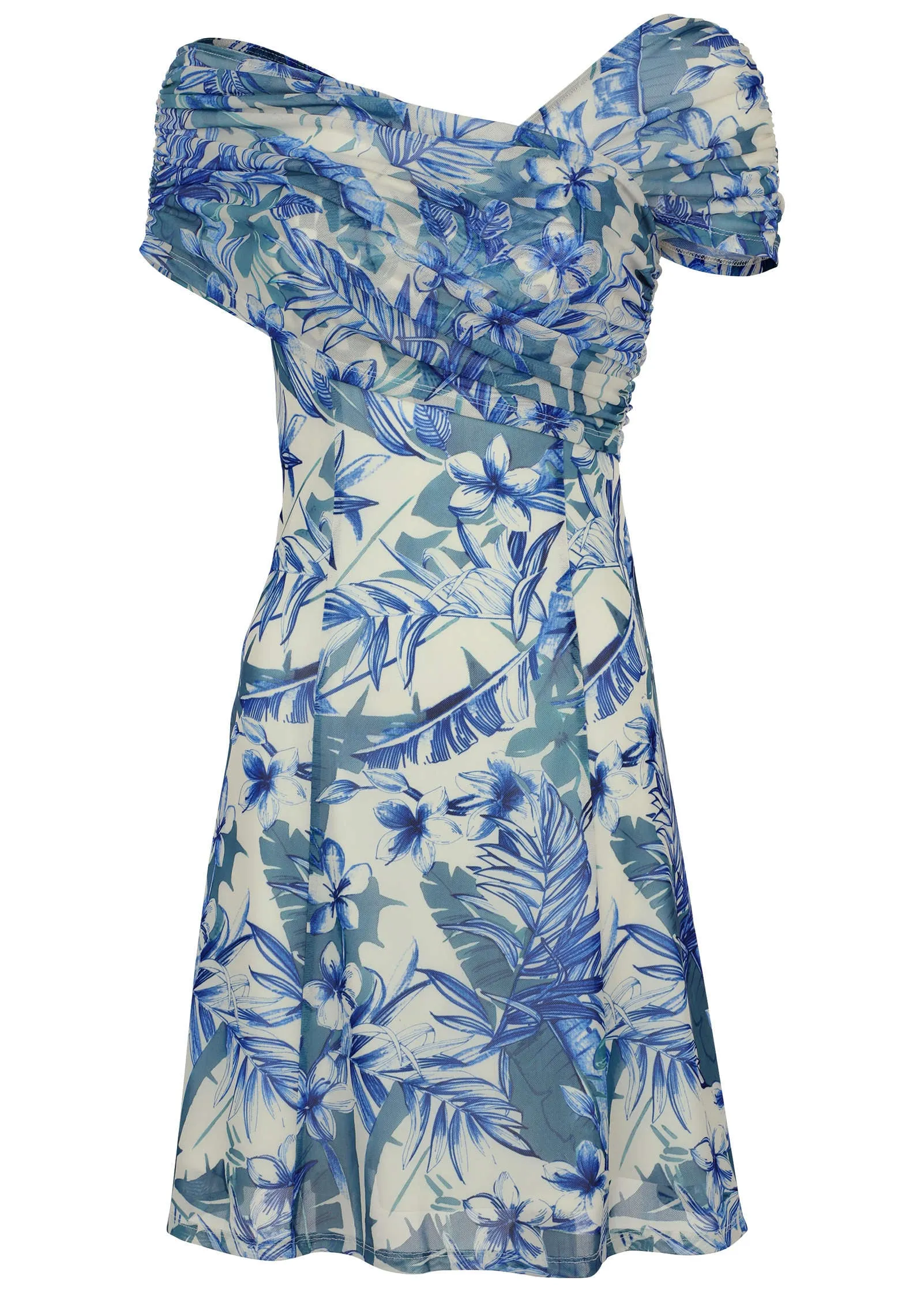 One Shoulder Mesh Mini - Denim Floral