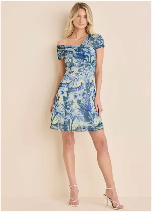 One Shoulder Mesh Mini - Denim Floral