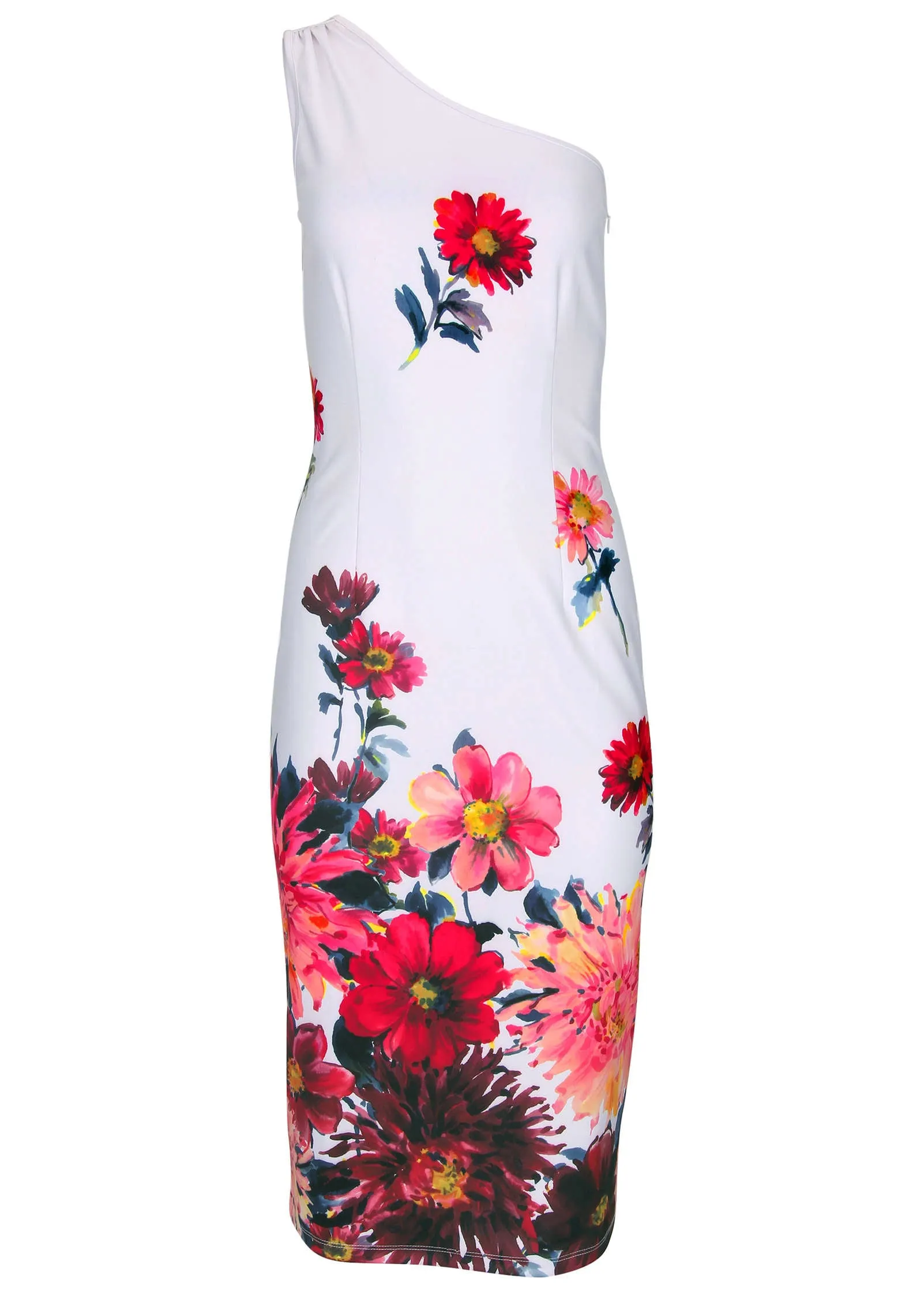 One Shoulder Scuba Dress - Spring Dahlia Border