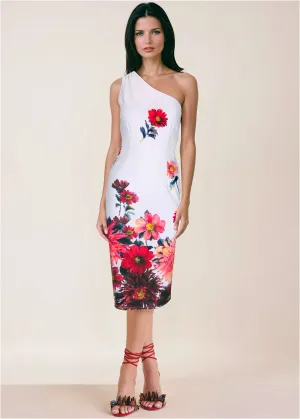 One Shoulder Scuba Dress - Spring Dahlia Border