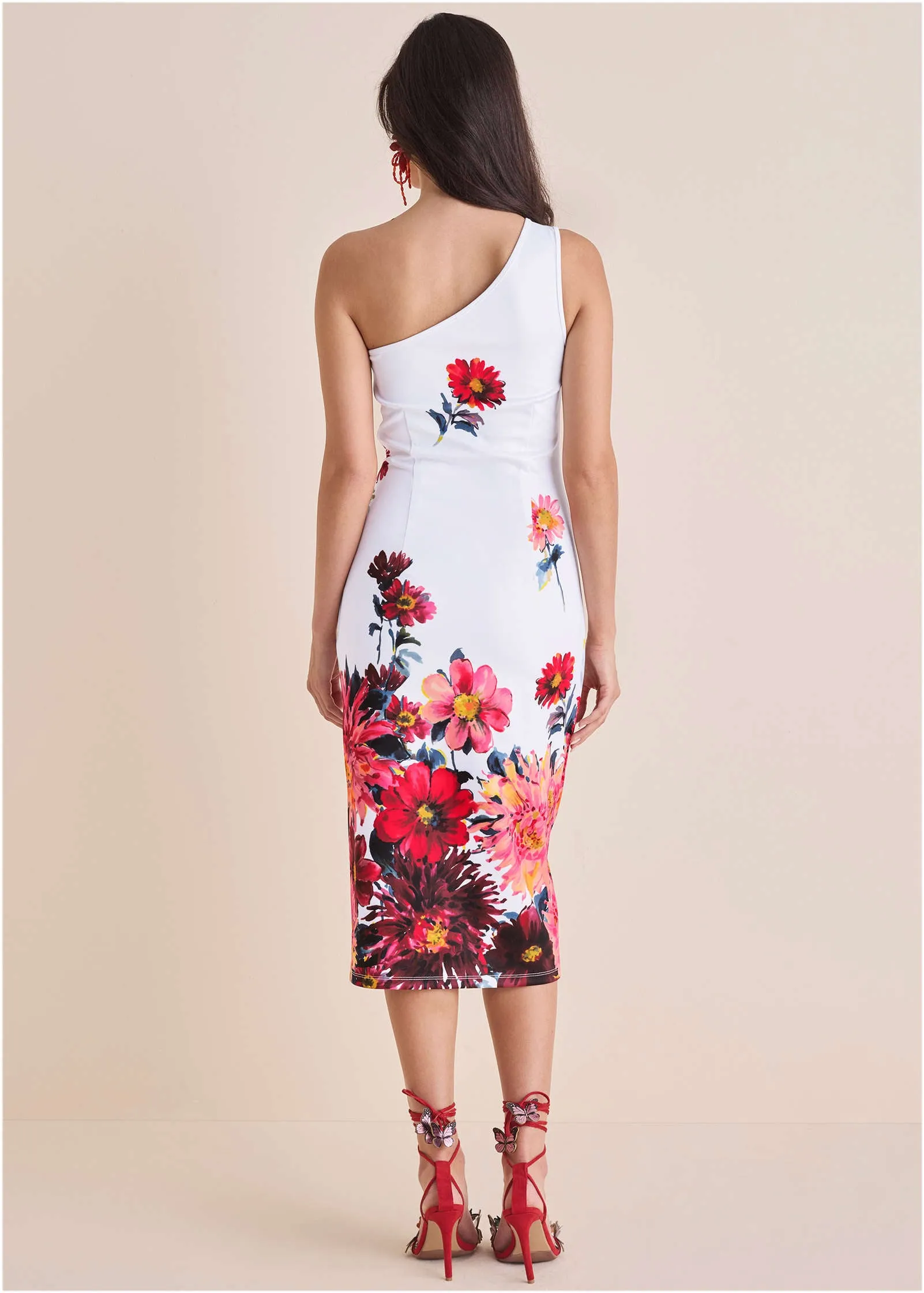 One Shoulder Scuba Dress - Spring Dahlia Border