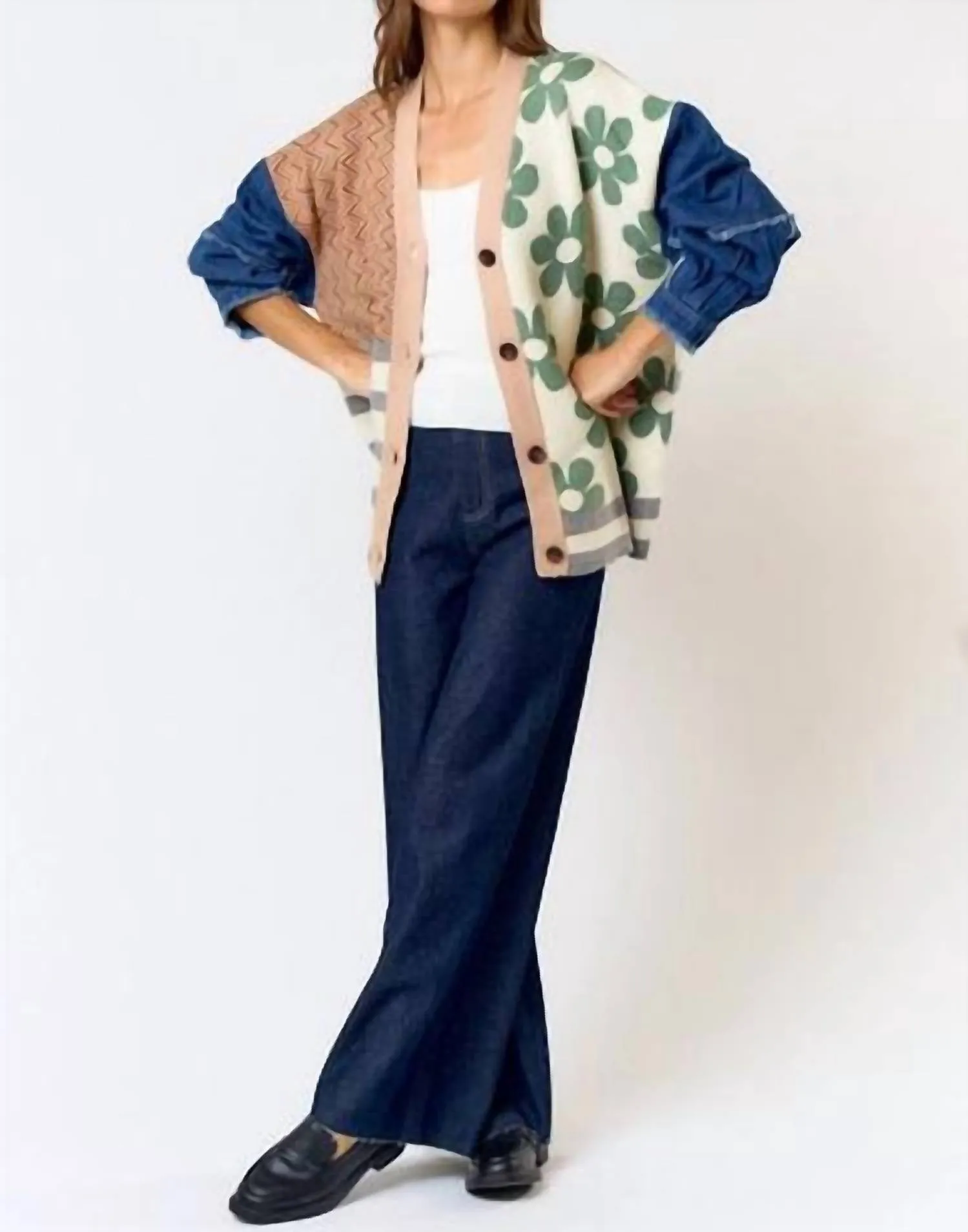Patchwork Denim Sleeve Cardigan In Multi