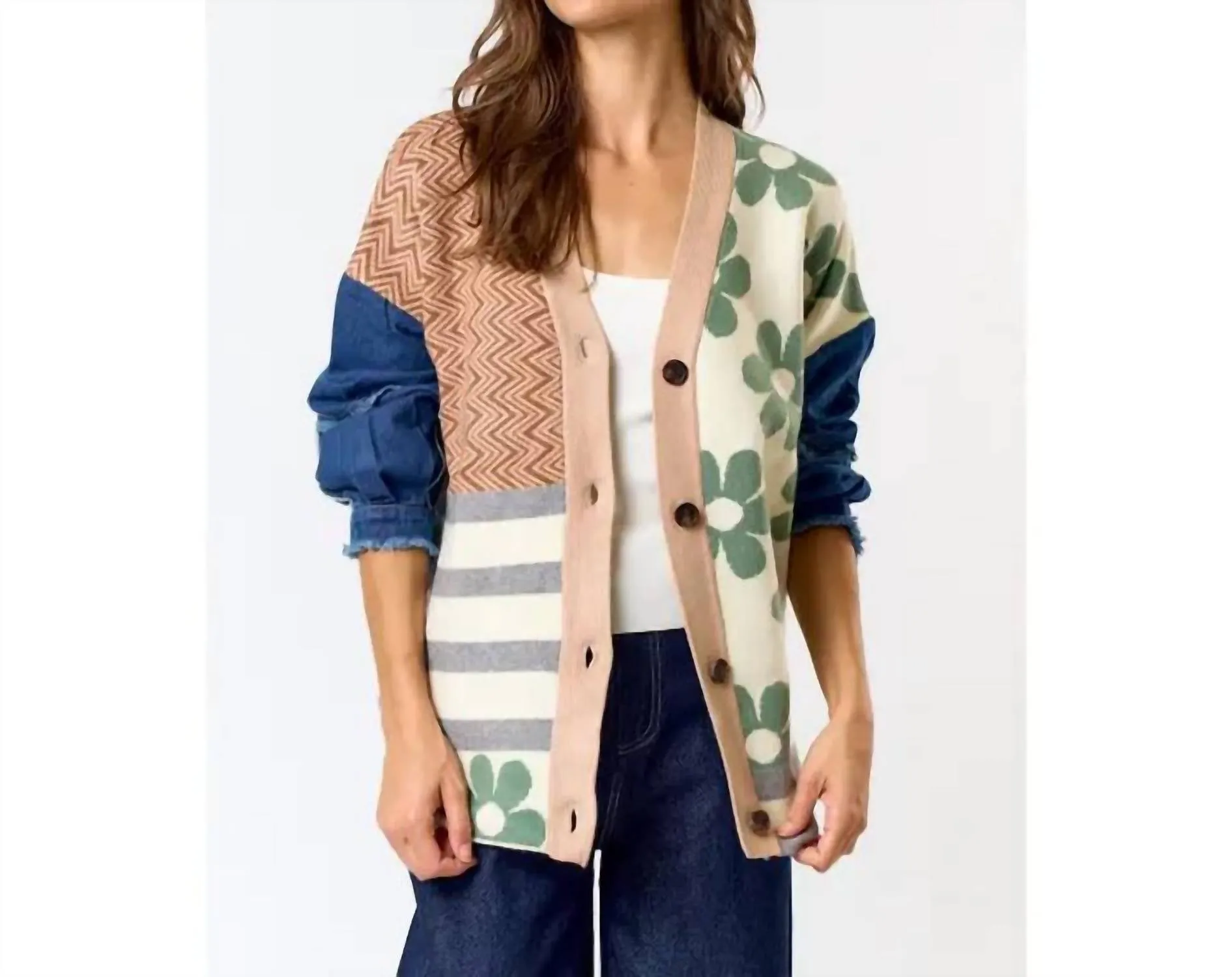 Patchwork Denim Sleeve Cardigan In Multi