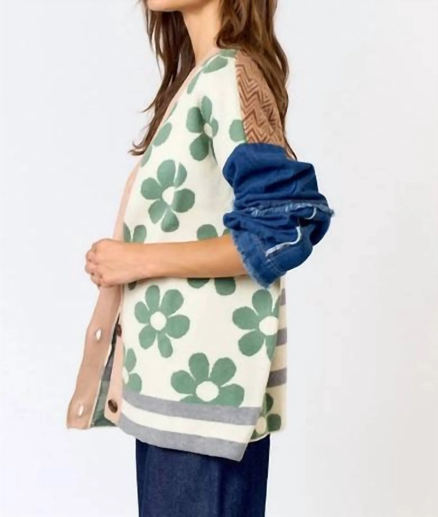 Patchwork Denim Sleeve Cardigan In Multi